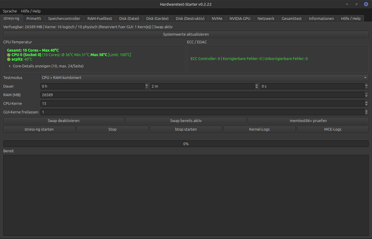 Screenshot von Hardware Test Launcher